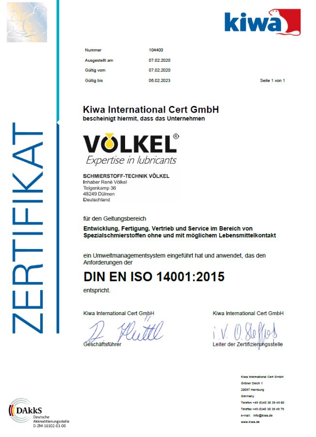 Zertifikat DIN EN ISO 14001 : 2015 von der kiwa für Völkel