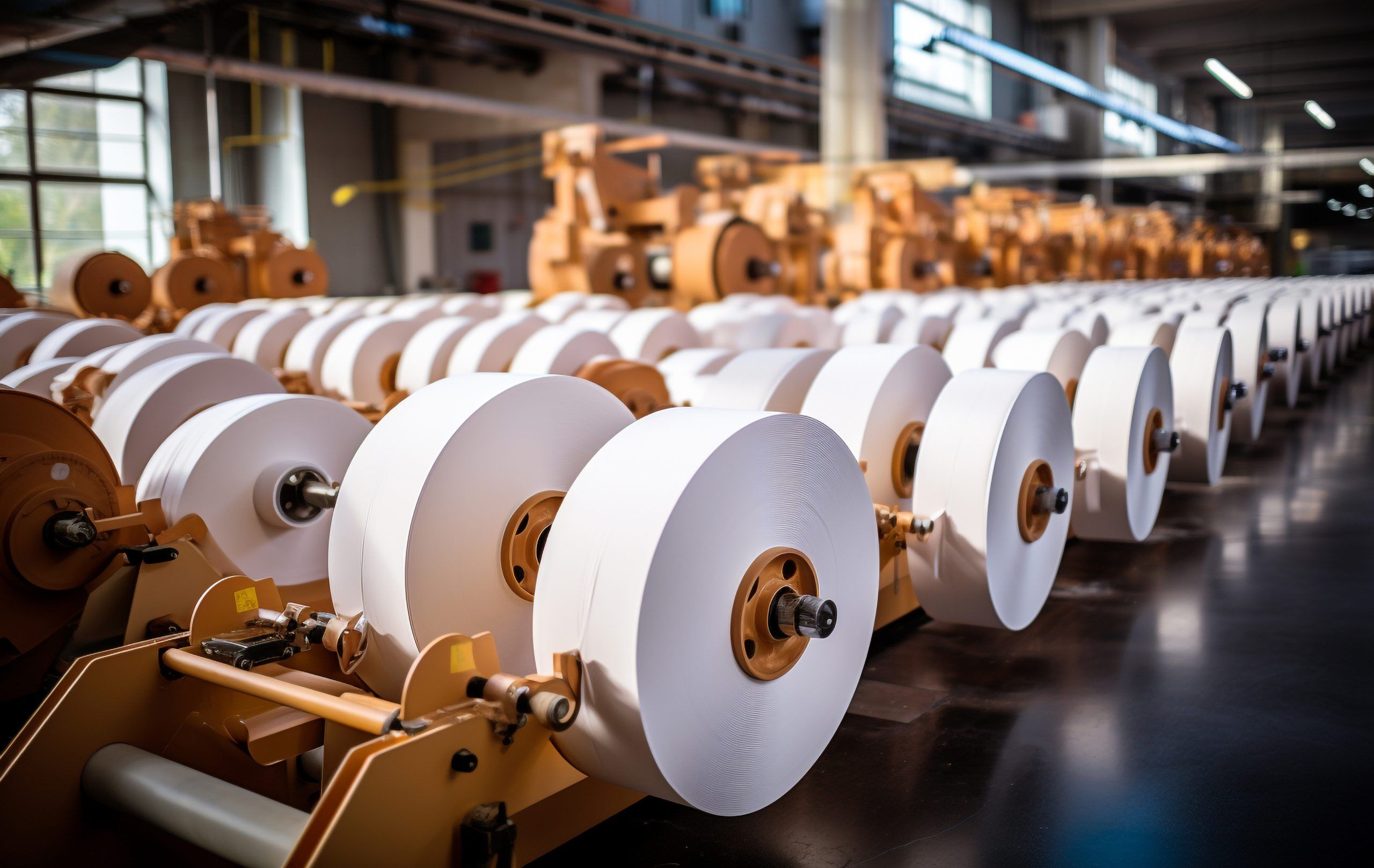 Große Maschine in der Papierverarbeitung mit einer Vielzahl von großen Papierrollen, die mit Hochleistungs-Kettenölen versorgt werden um um reibungslos zu funktionieren