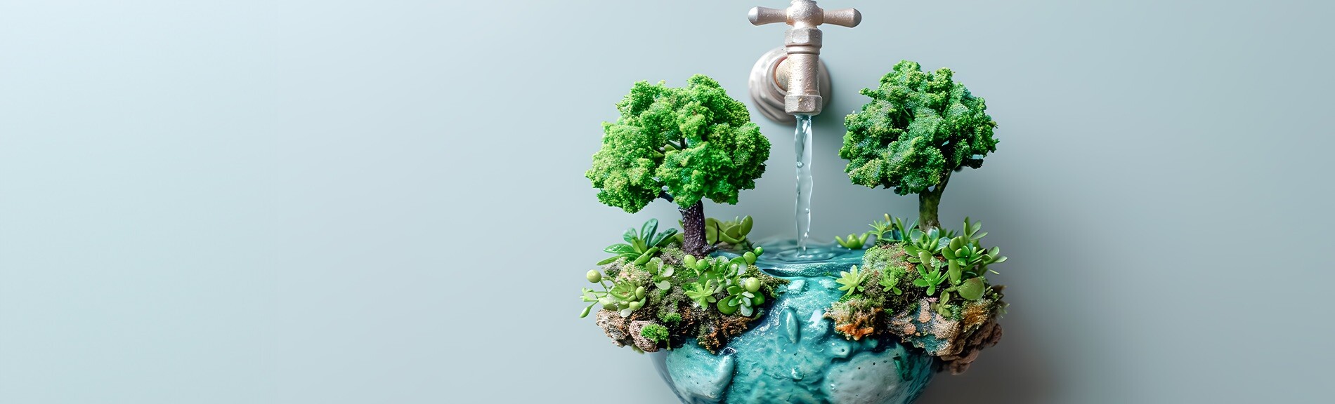 Ein Wandbrunnen mit laufendem Wasser umrahmt von Bäumen als Symbol für Nachhaltigkeit