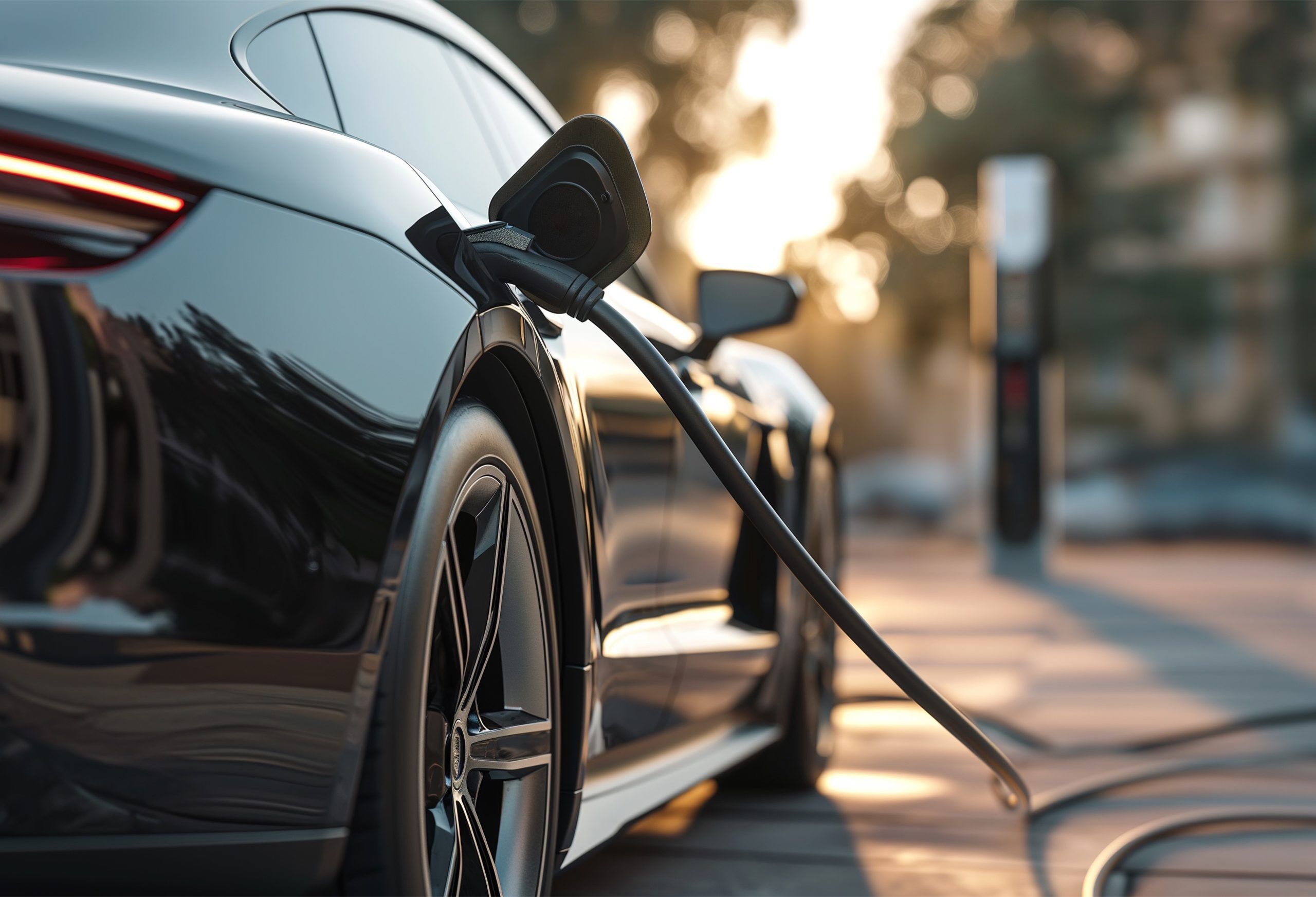 Ein dunkles Elektroauto steht angesteckt an der Ladestation und wird geladen als Symbol für Elektromotoren