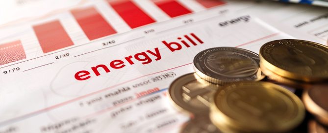 Eine Stromrechnung auf der Energy Bill steht liegt mit jeder Menge Münzgeld auf einer Oberfläche und symbolisiert die Kosteneinsparungen durch die richtige Wahl der Schmierstoffe