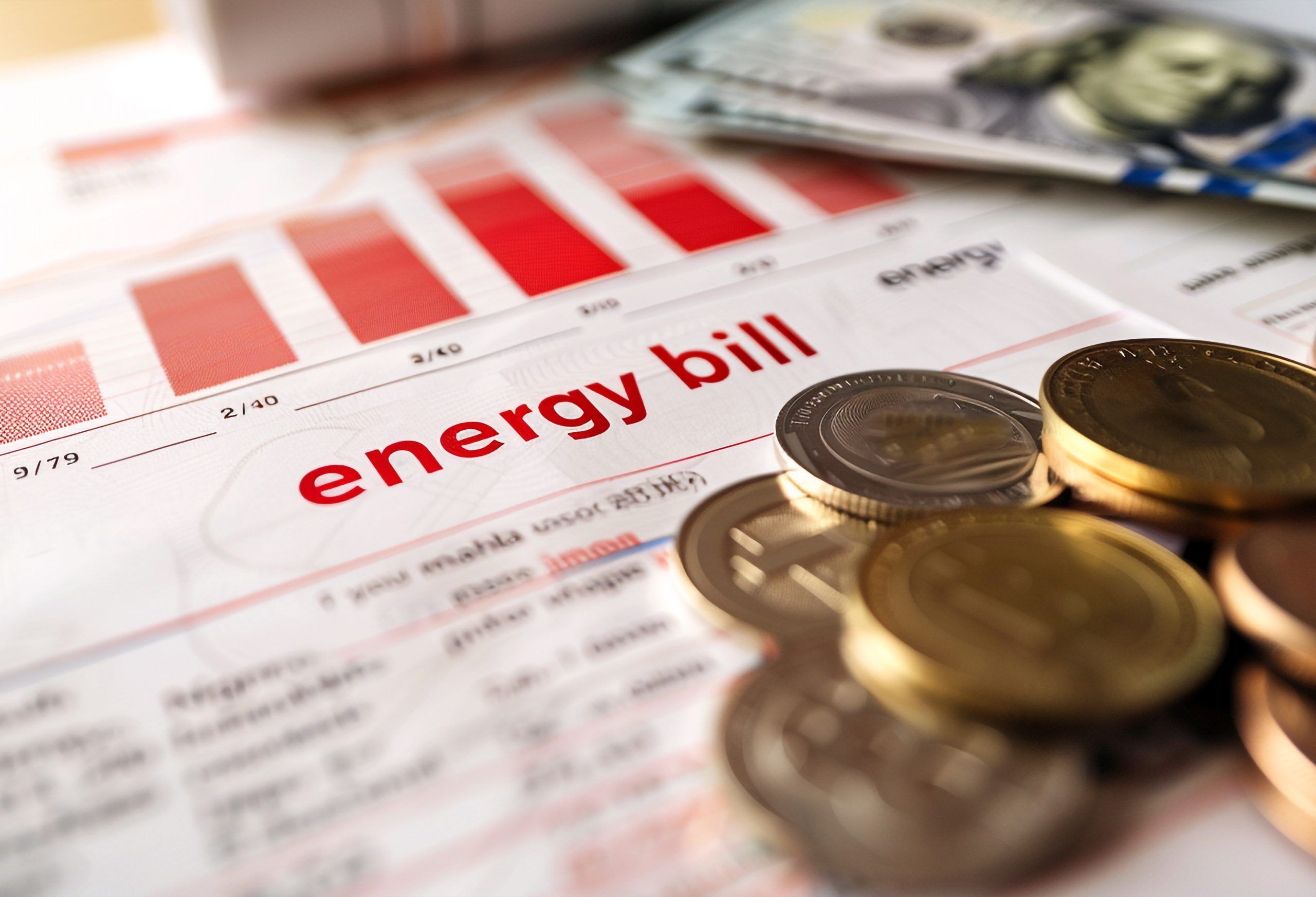 Eine Stromrechnung auf der Energy Bill steht liegt mit jeder Menge Münzgeld auf einer Oberfläche und symbolisiert die Kosteneinsparungen durch die richtige Wahl der Schmierstoffe