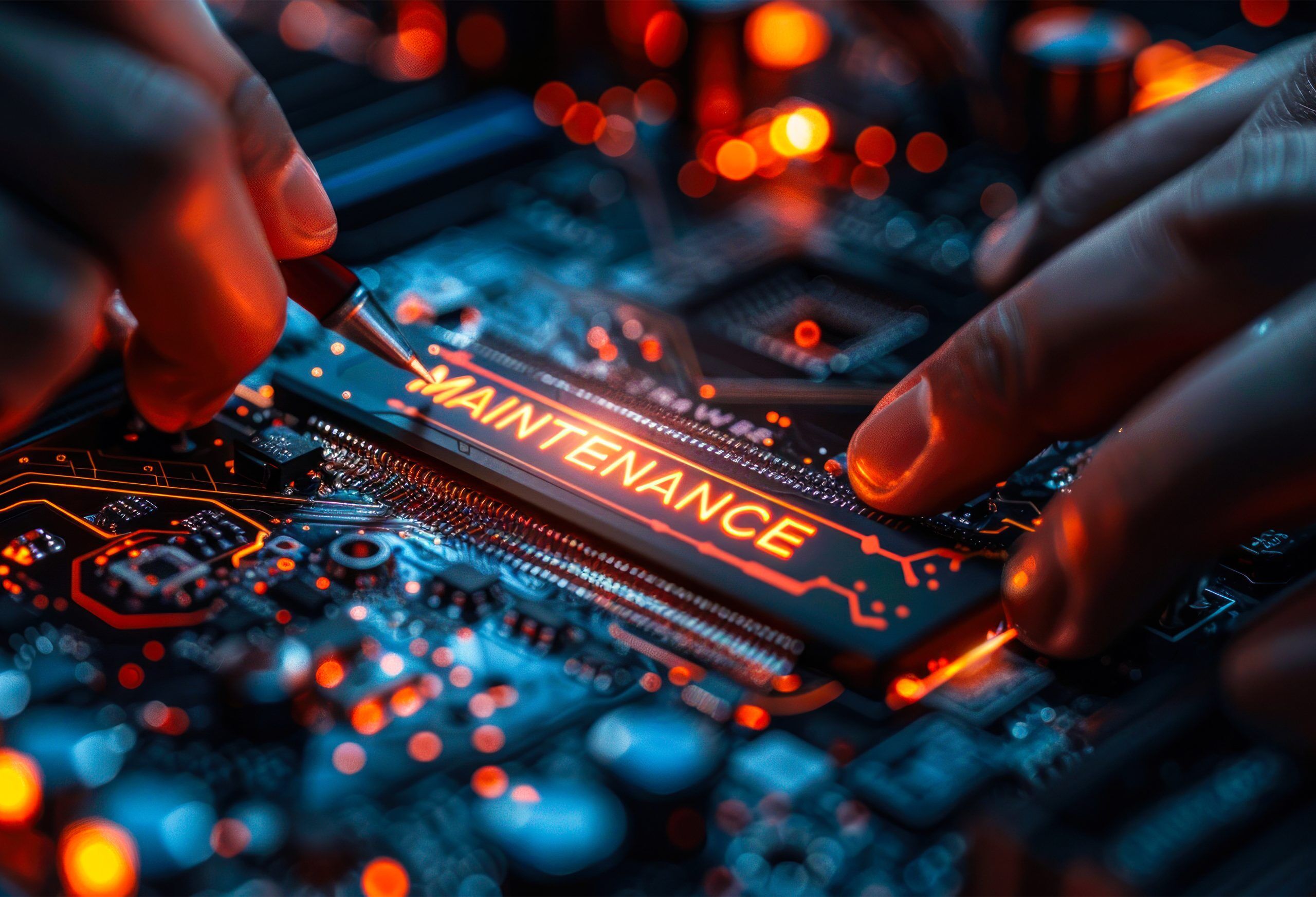 Bild aus der Feinmechanik bei dem eine Hand mit einem feinen Gerät ein größeres Bauteil mit der Aufschrift Maintenance bearbeitet