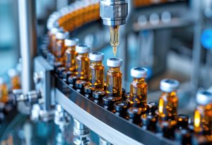 Ein Förderband auf dem braune Phiolen mit Impfflüssigkeit transportiert werden als Symbol für unseren Schmierstoff OMS 2-2