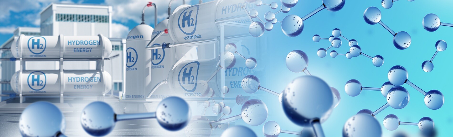 Collage aus Tanks zur Lagerung von Wasserstoff und Atomen als Bestandteile von Wasserstoff