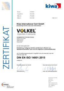 Zertifikat DIN EN ISO 14001 : 2015 von der kiwa für Völkel