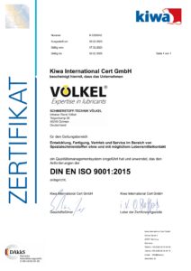 Zertifikat DIN EN ISO 9001 : 2015 von der kiwa für Völkel